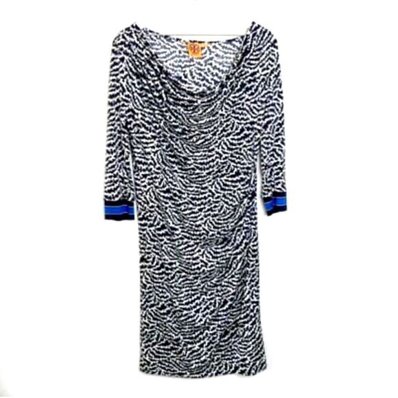 Tory Burch Black Print 100% Silk Cowl Neck Ruching Drape Stretch Bodycon Dress S - Picture 1 of 8